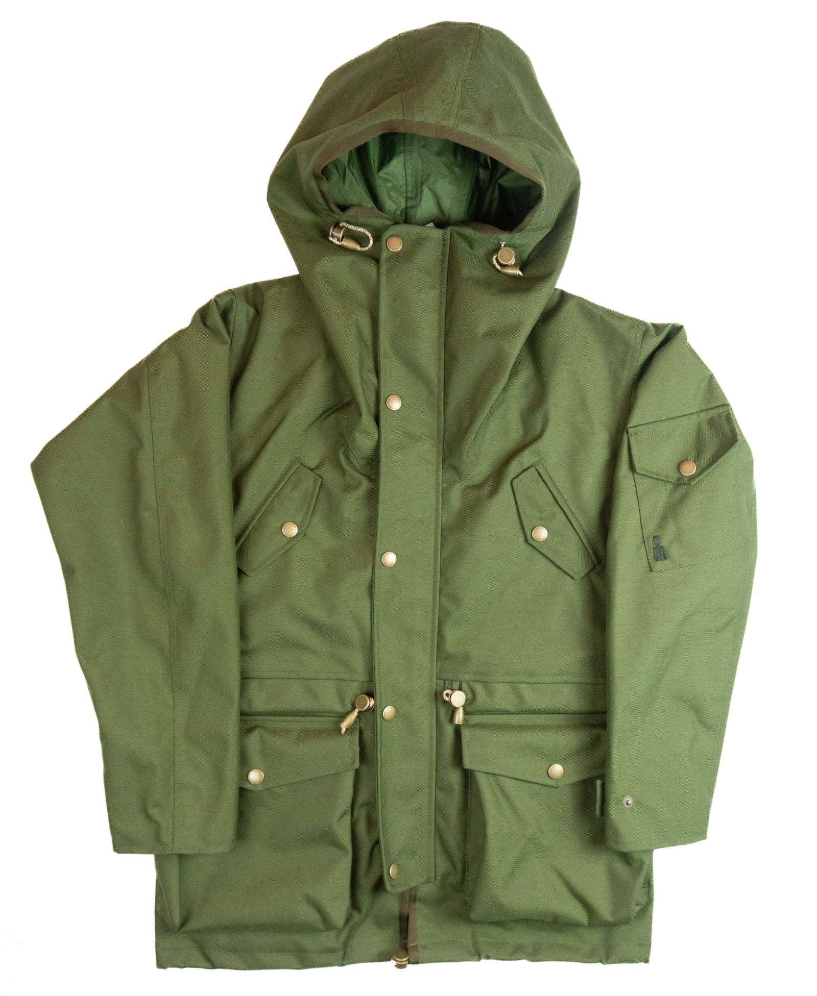 Green hooded jacket with multiple pockets on a white background