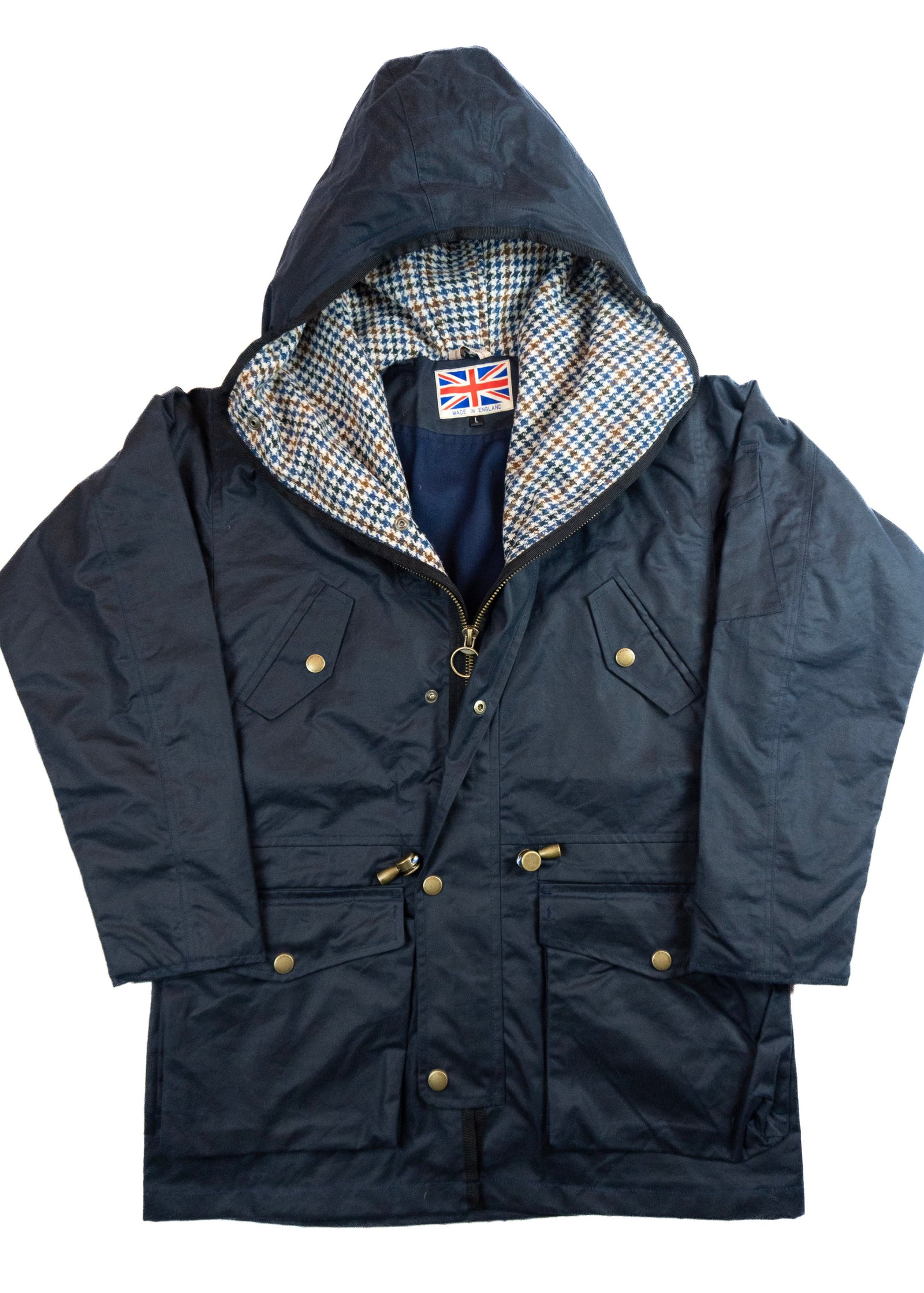Navy blue jacket with a checkered lining and British flag patch on a white background