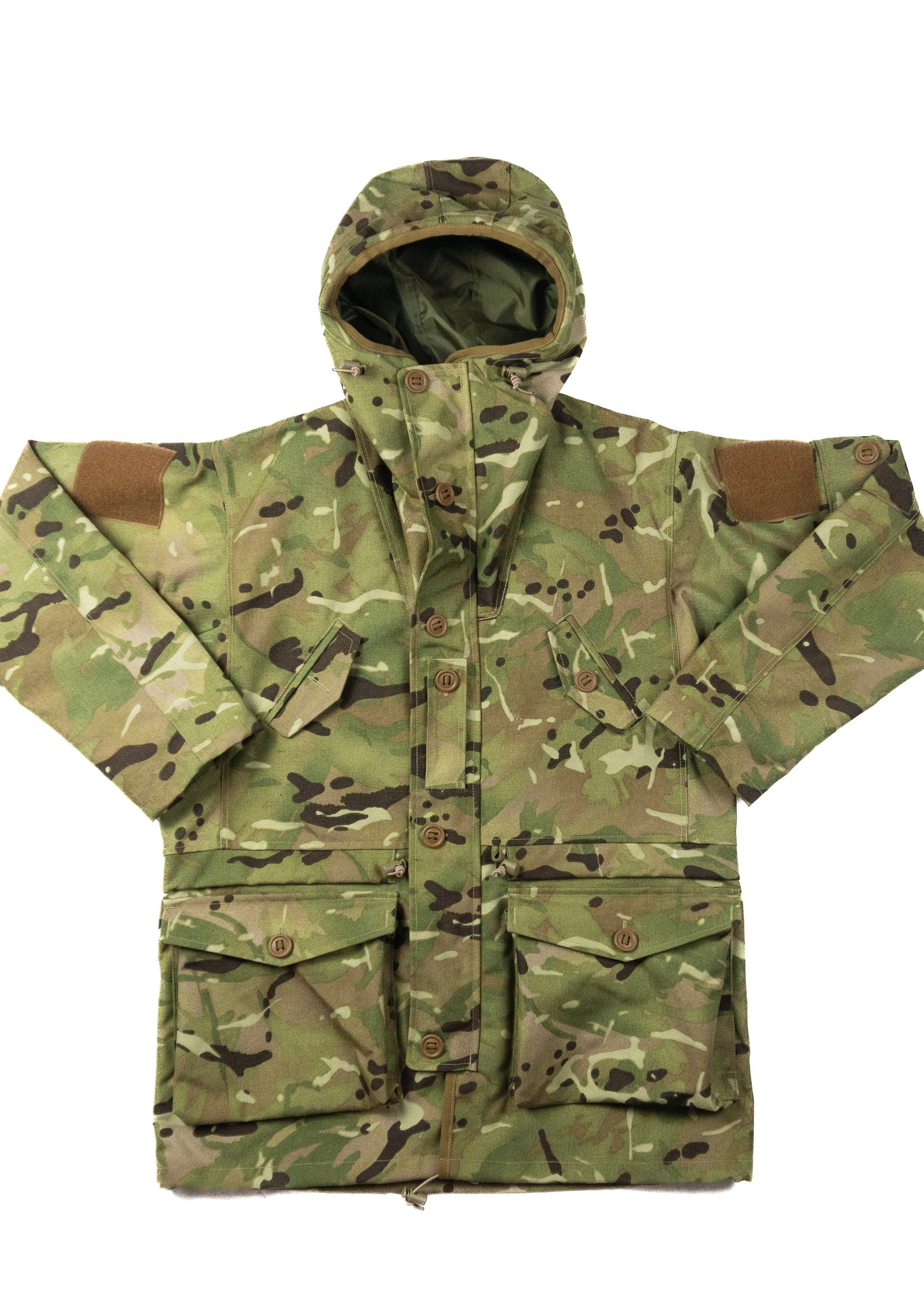 Camouflage jacket with a hood on a white background