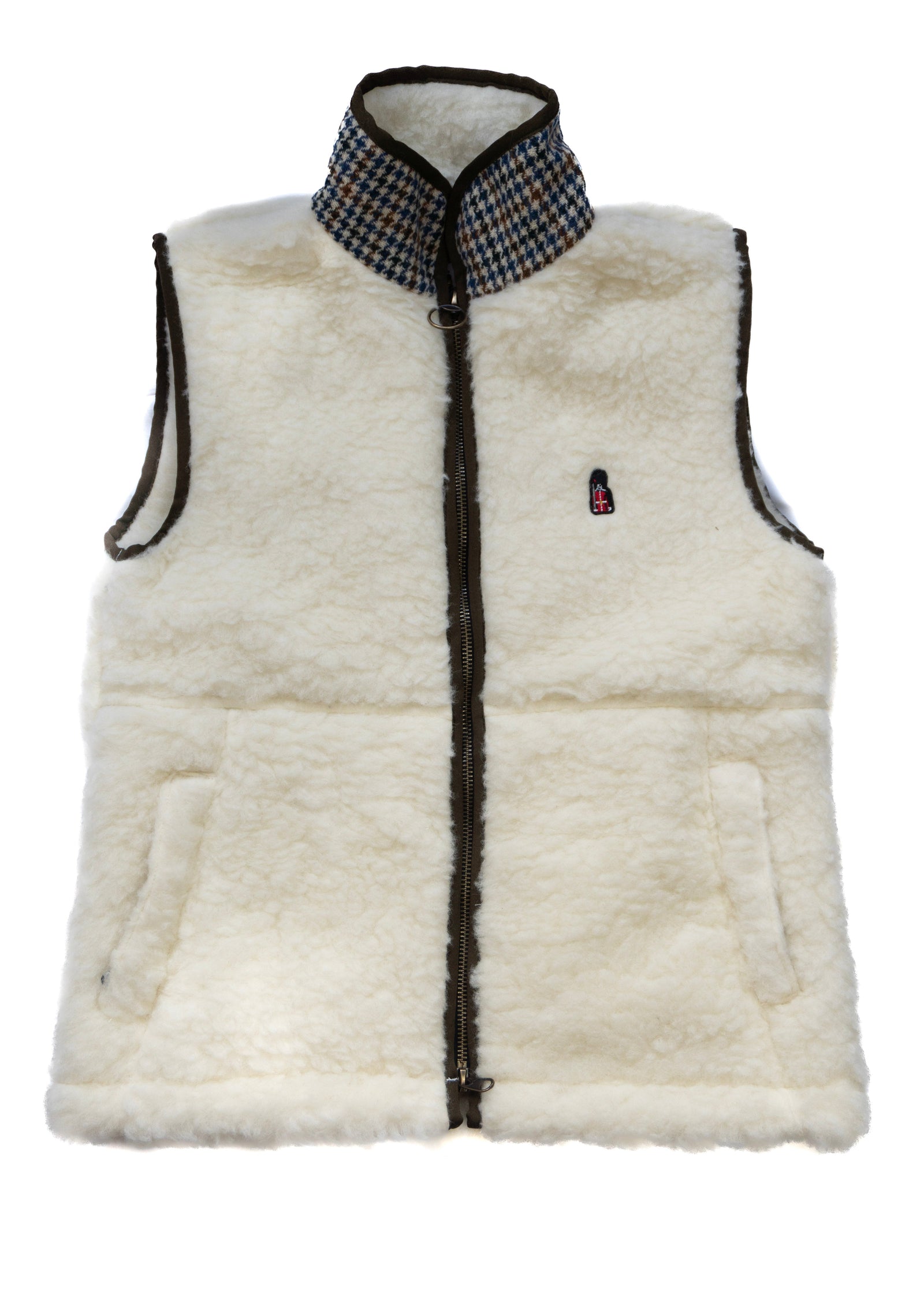 White puffer vest with plaid collar on a white background
