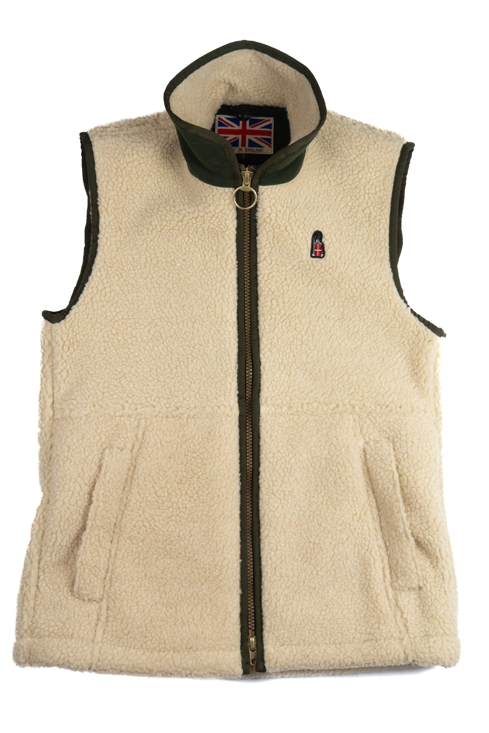 Beige fleece vest with a British flag patch on a white background