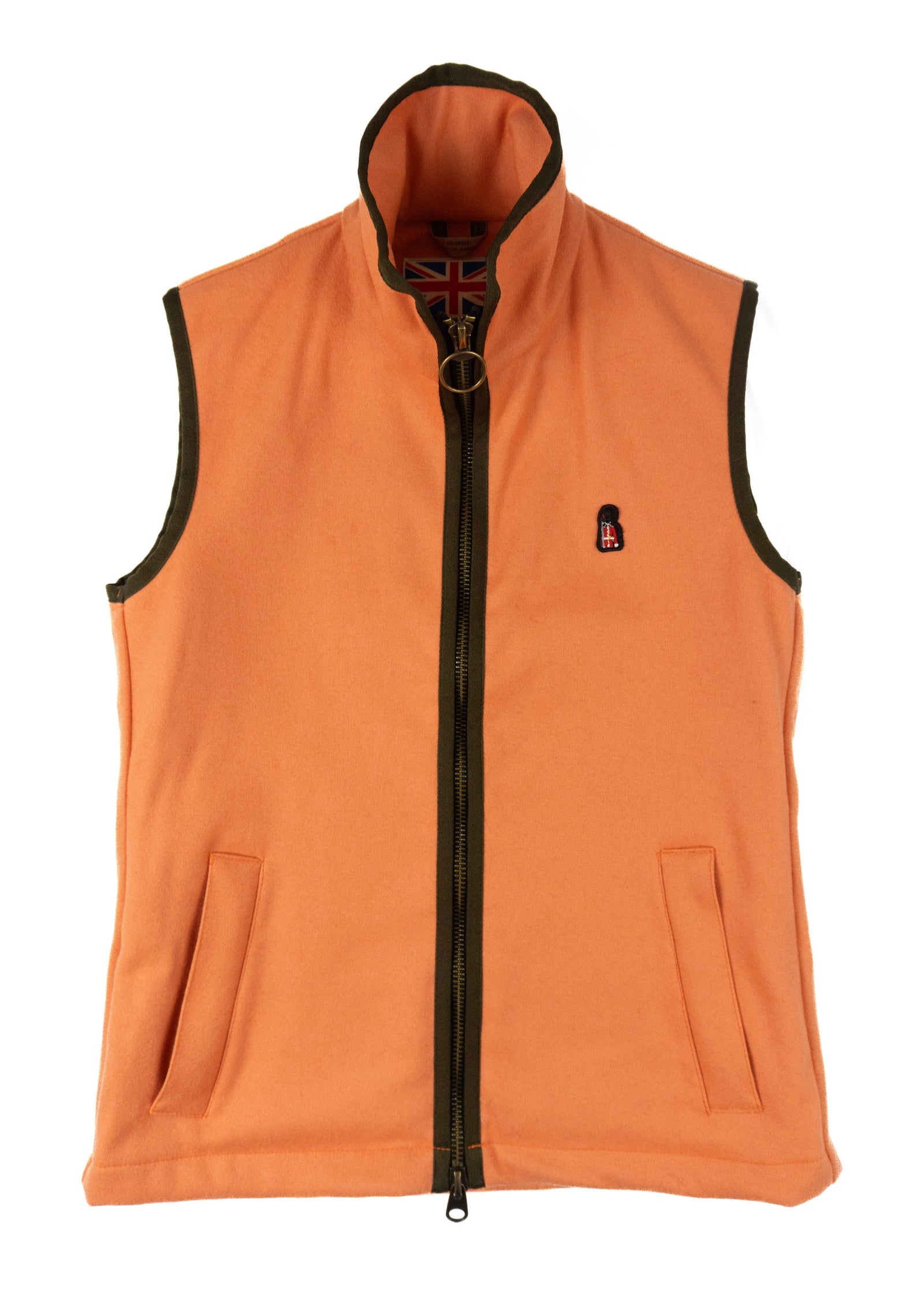 Orange vest with black trim on a white background