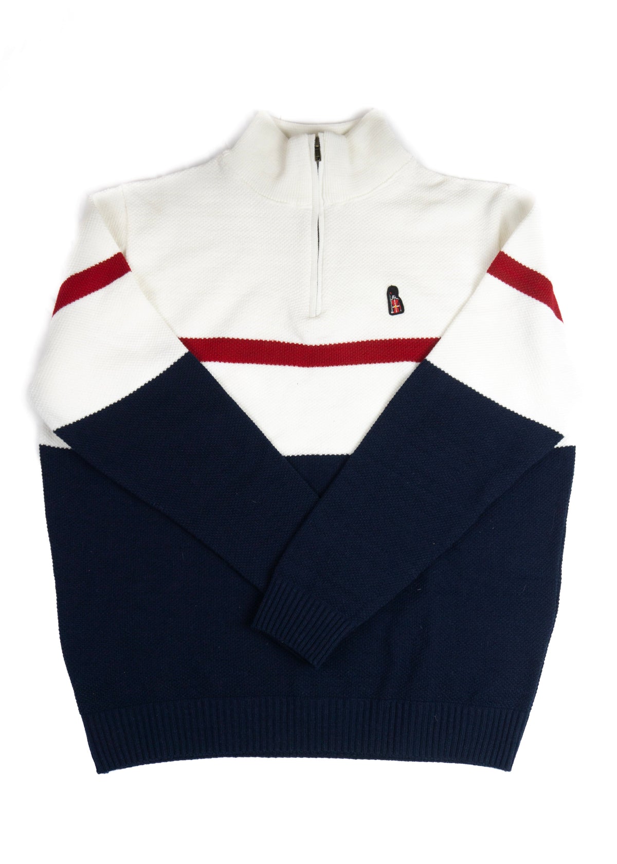 Waterproof Lockwood smocks, British-made, stylish navy and white zip sweater with red accents.