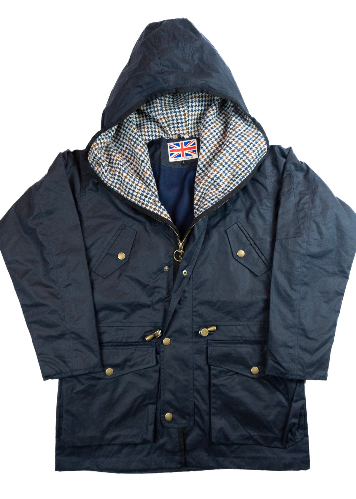 Navy blue jacket with a checkered lining and British flag patch on a white background