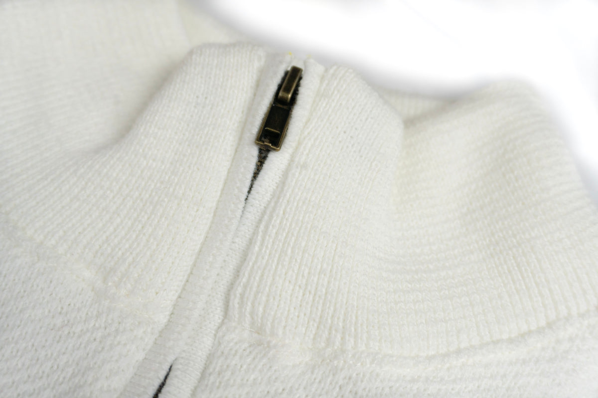 Close-up of a white sweater with a black zipper on a light gray background