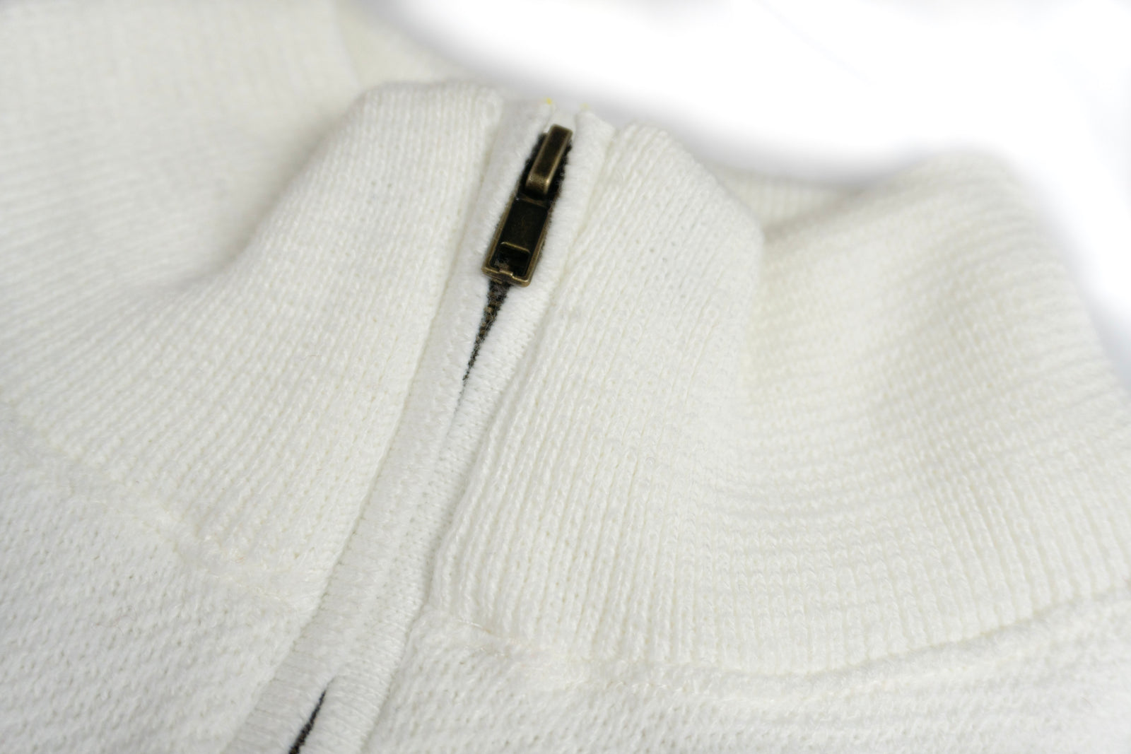 Close-up of a white sweater with a black zipper on a light gray background