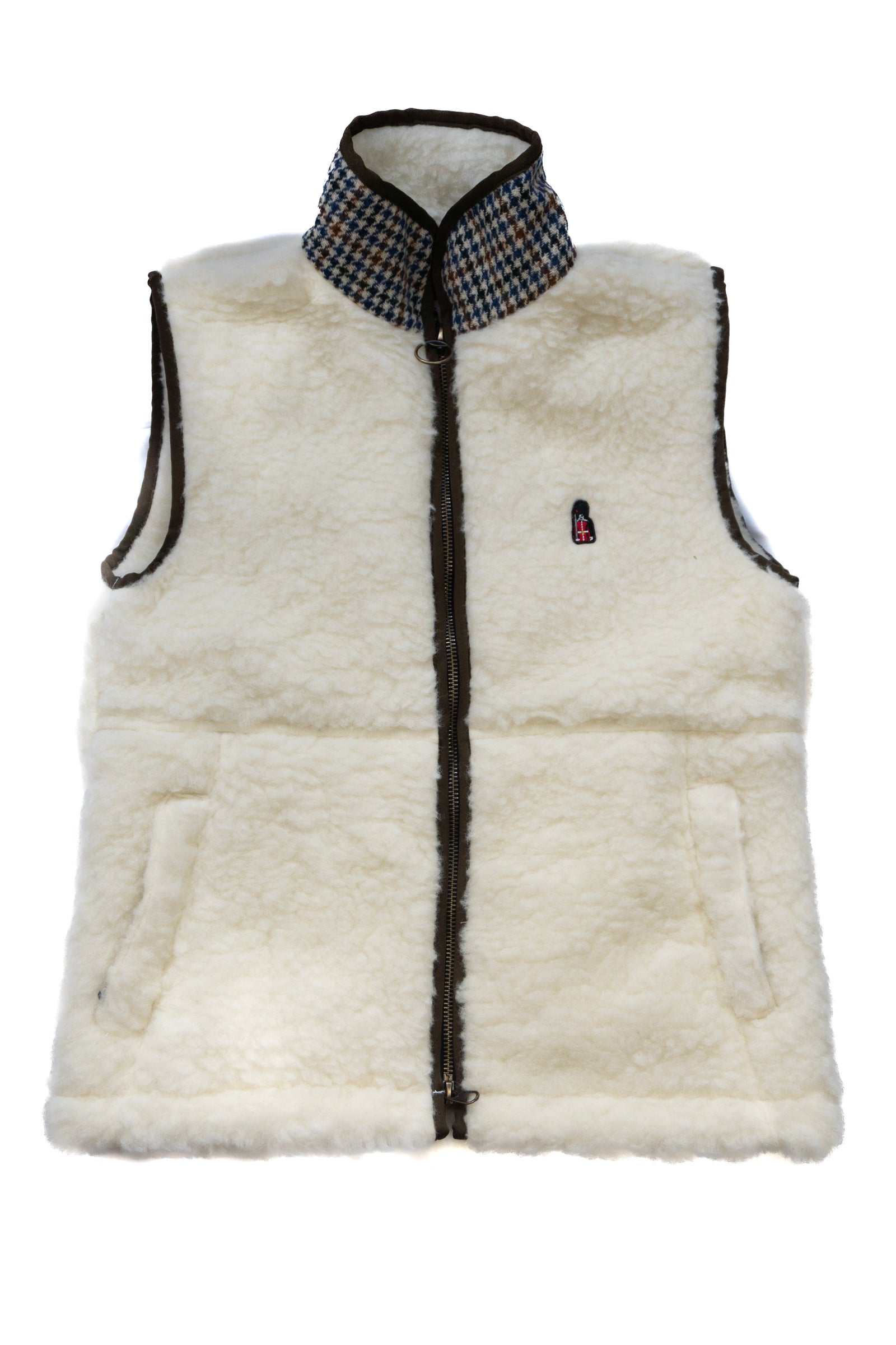 White puffer vest with plaid collar on a white background