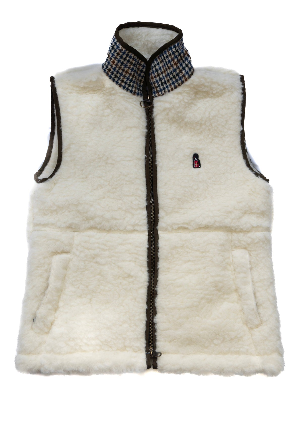 White puffer vest with plaid collar on a white background