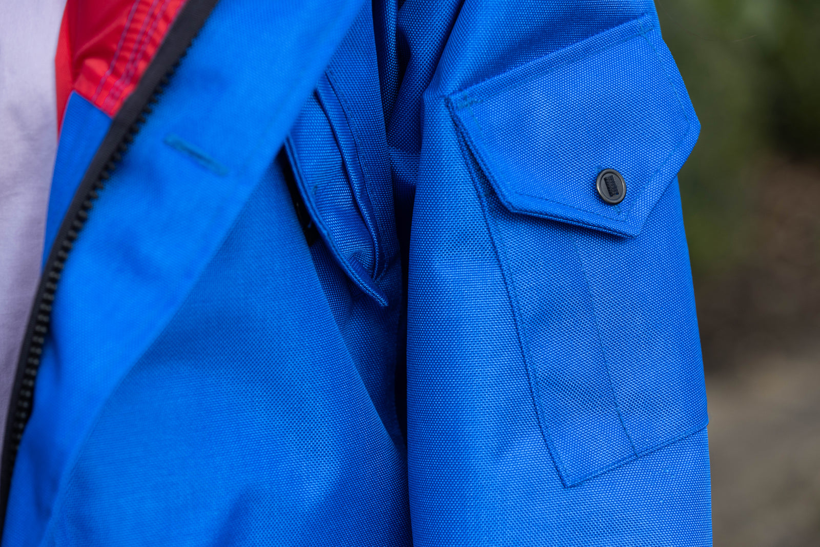 sleeve of water proof jacket in royal blue