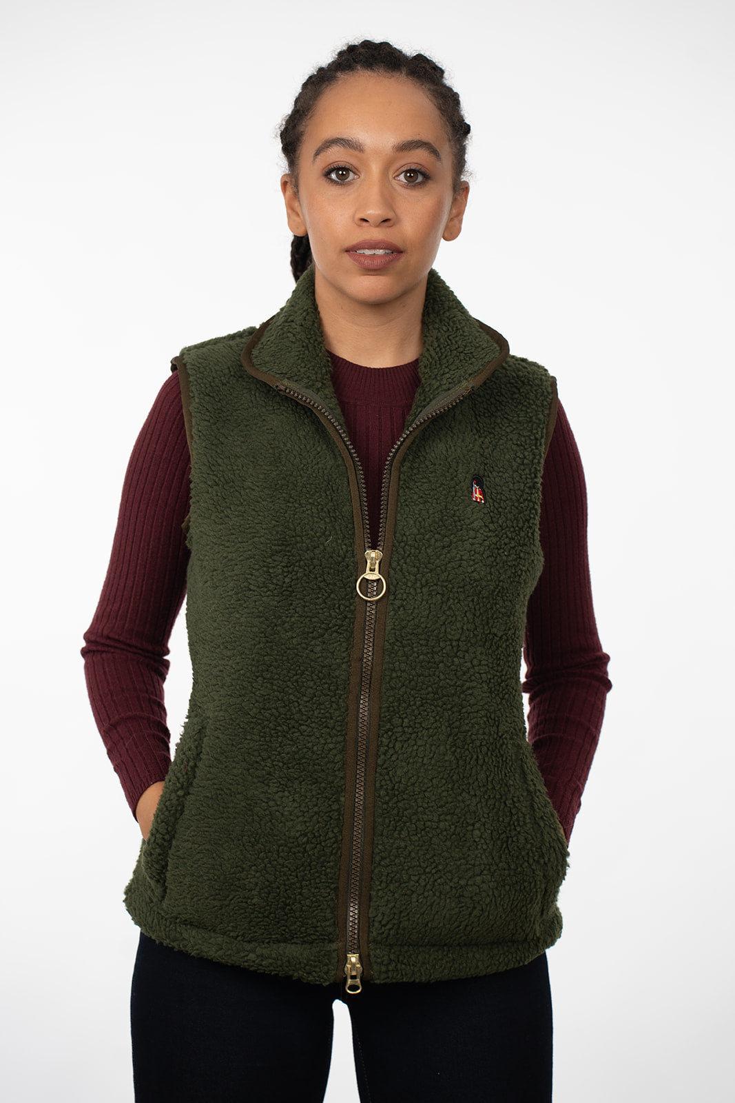 Lockwood Ladies' Olive Sherpa Gilet, front view on a female model