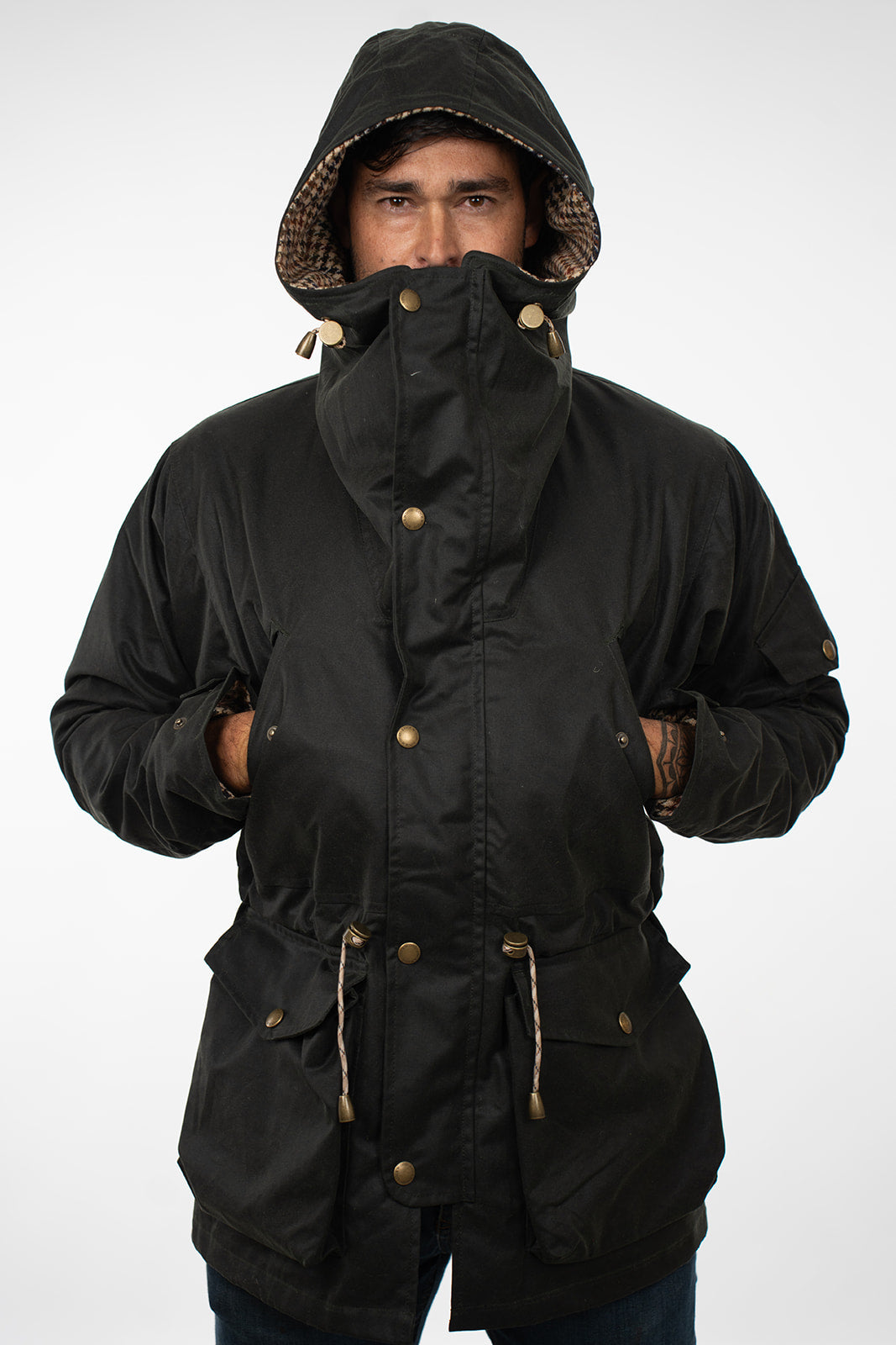 Lockwood Vintage Arthur, front view with hood up on a male model