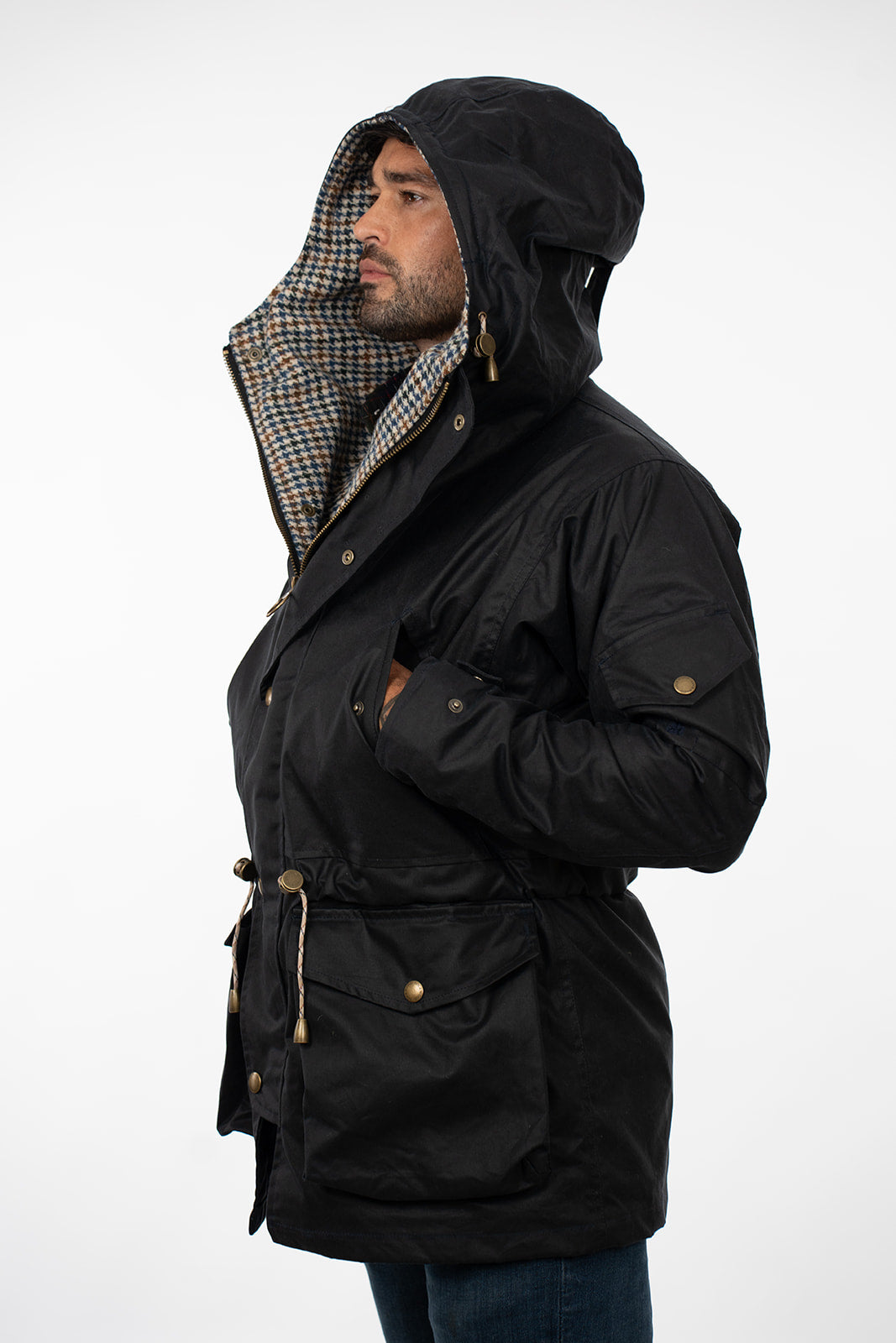 Lockwood Vintage Henry, left side view with hood up on a male model