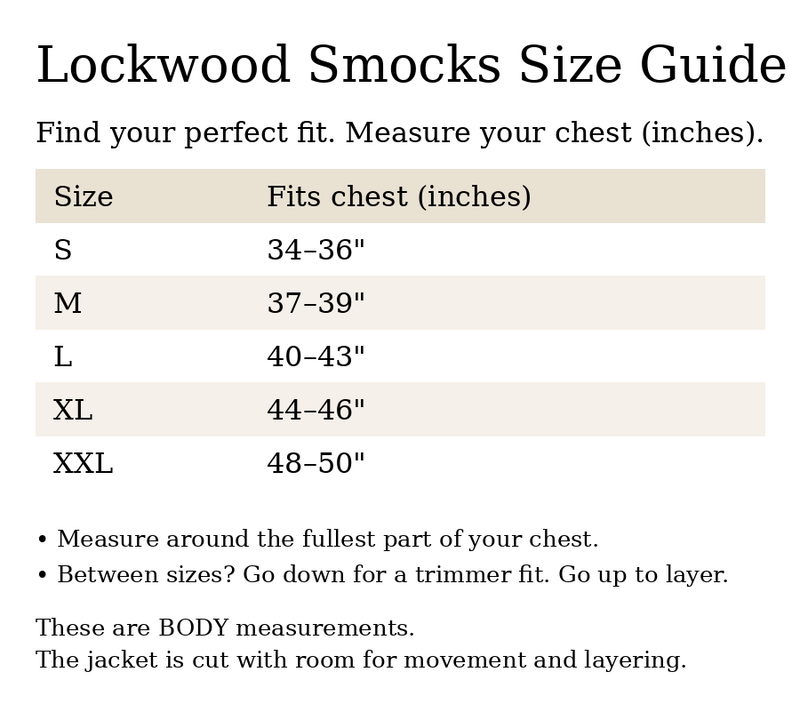 Lockwood Smocks size guide for chest measurements on a white background